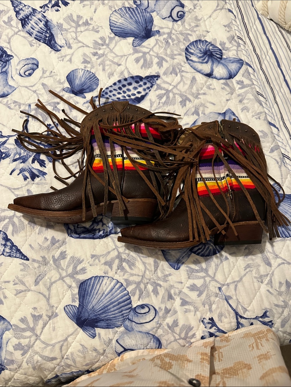 Macie Bean Brown Fringe Ankle Boots with Multicolor Stripe